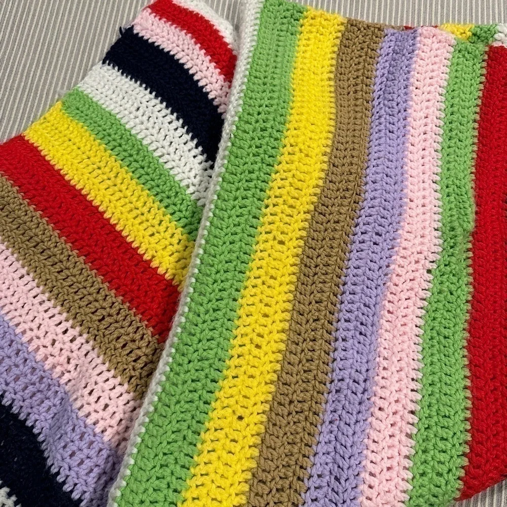 36x80” vintage handcrafted knit striped multicolor afghan throw blanket